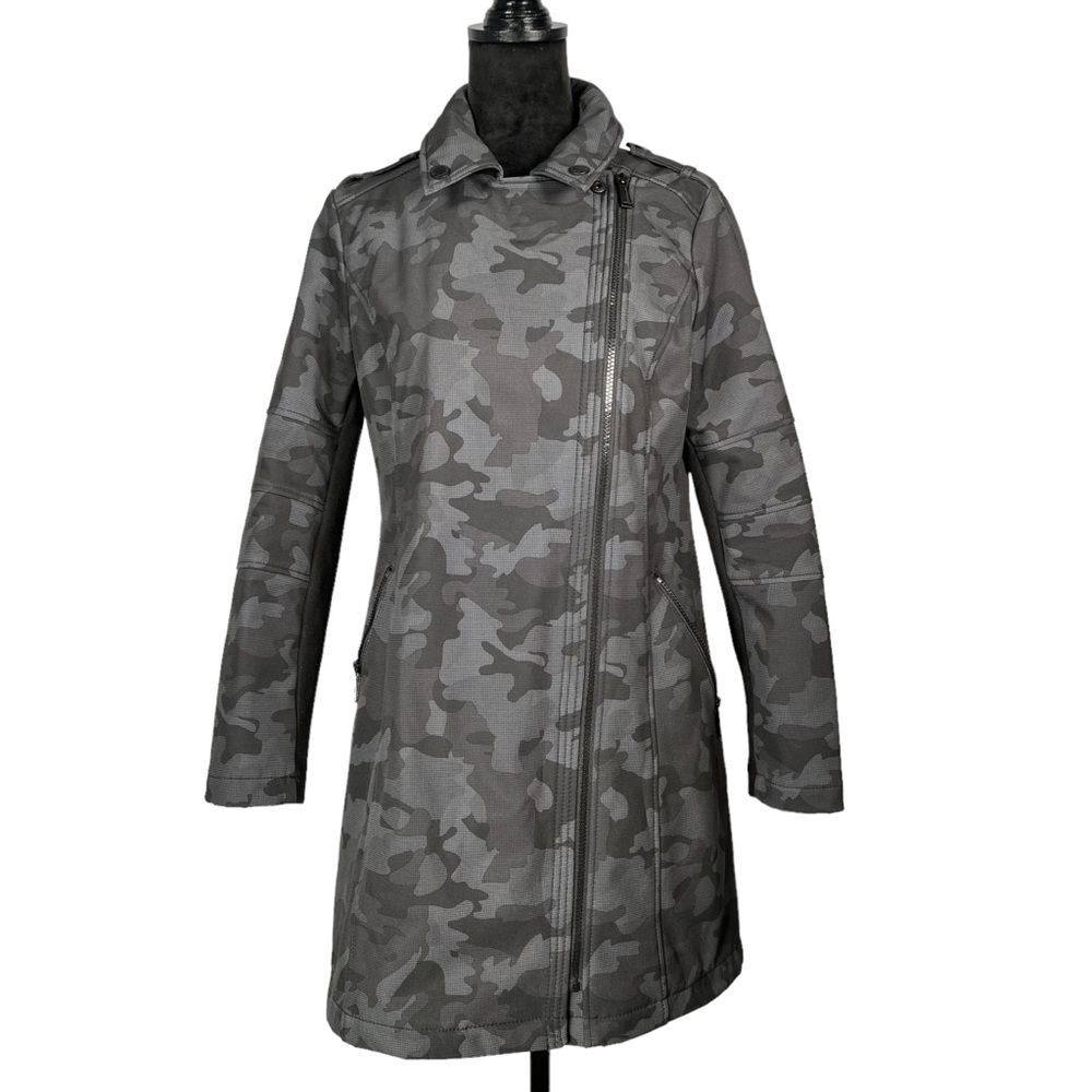 BCBGeneration Camo Jacket Neoprene Fleece Lined Asymmetrical Zip Trench Coat